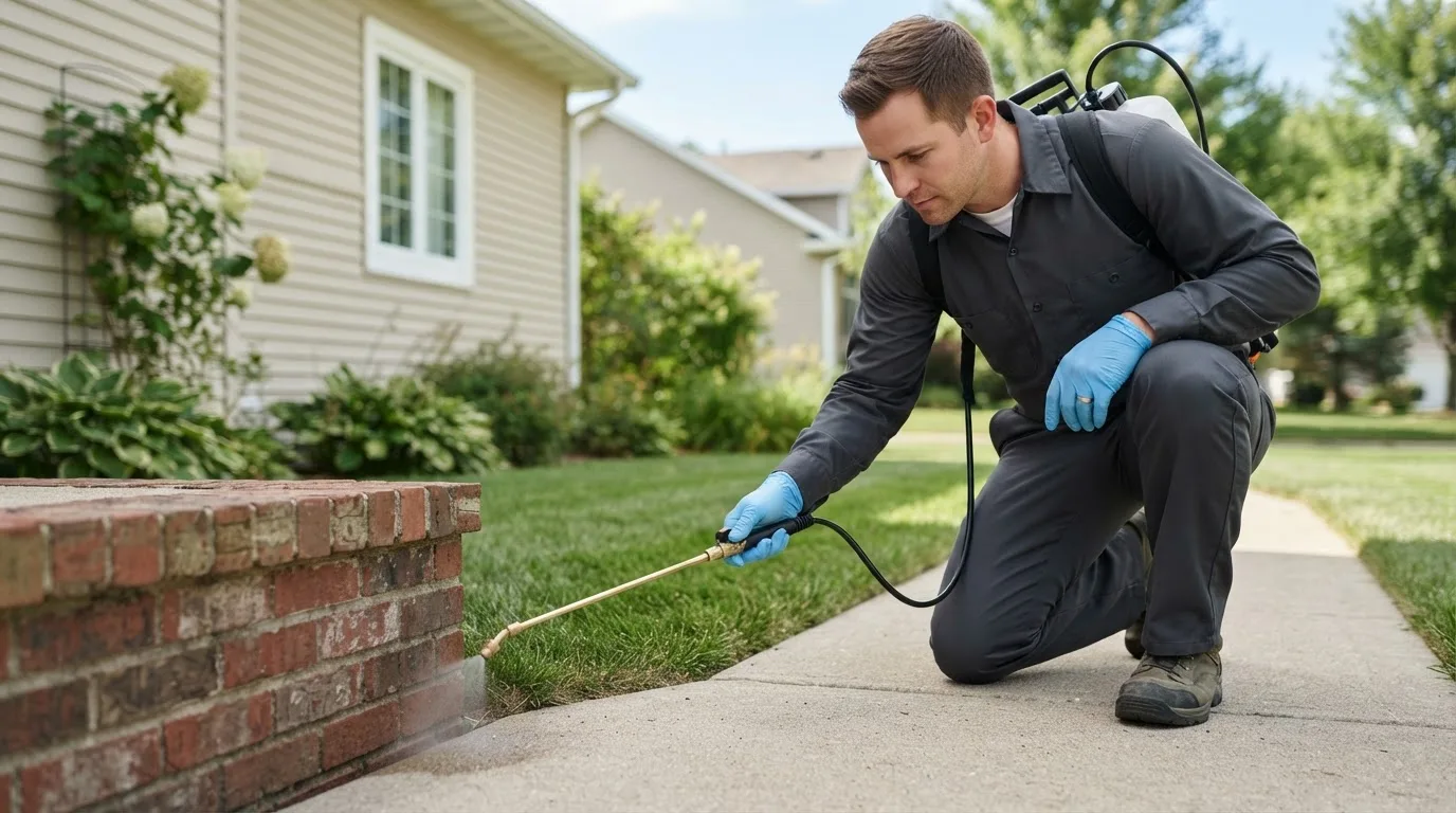 Pest control technician treating a home near Whitharral, TX