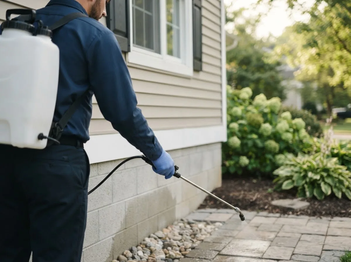 Pest control technician inspecting a home in Whitharral, TX